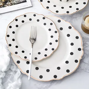 Dishes And Plates Sets Golden Edge Tray Dinner Polka Dot Tray Soup Dish Flat Plate Flower Shape Platos Ceramic Dessert Tray 1pcs