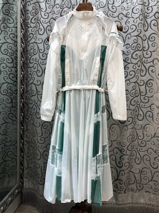 

2019 Early Autumn New Female Collar Coloured Splice Draw-rope Received Waist Zipper Dress 711