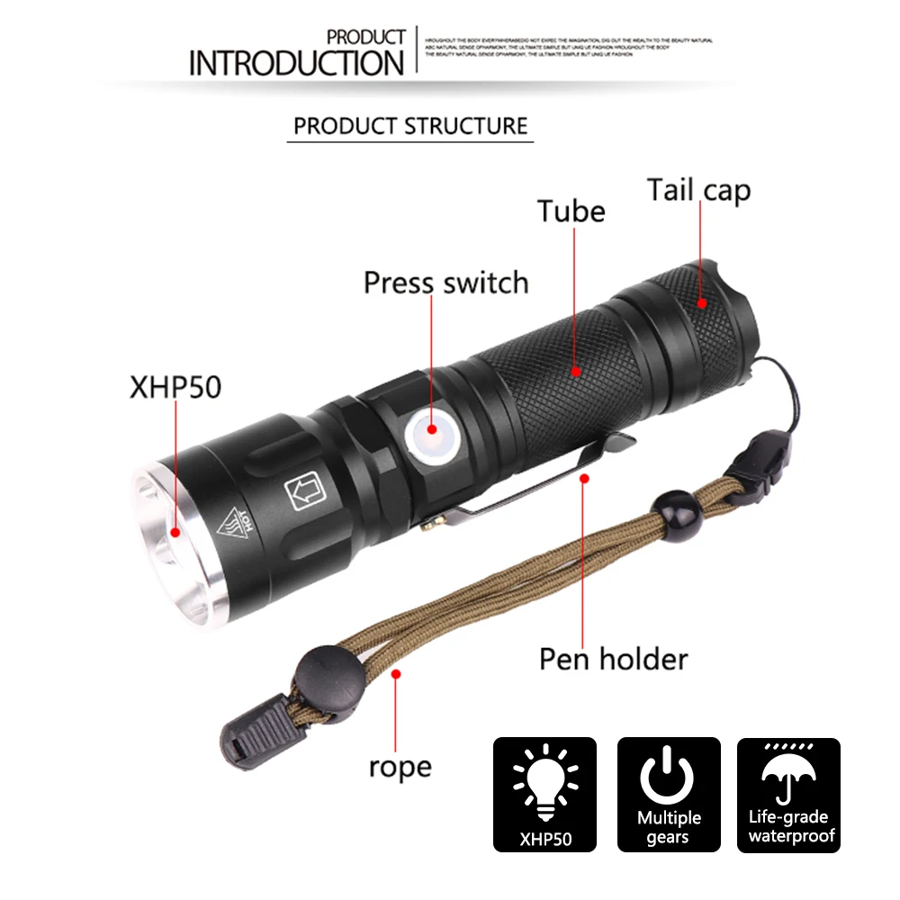 Супер яркий светодиодный фонарь XHP50, водонепроницаемый, 5 режимов освещения, масштабируемый фонарь с батареей 18650 или 26650 для активного отдыха