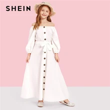 SHEIN/повседневное платье макси для девочек с открытыми плечами, пуговицами и поясом спереди; коллекция года; Летние Детские платья с длинными рукавами