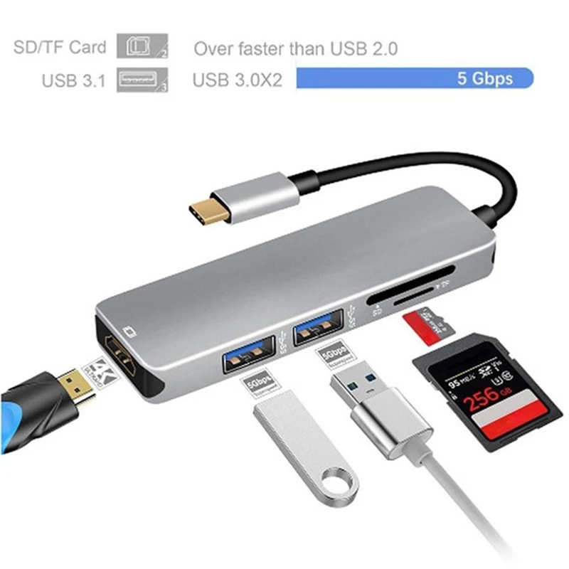Basix USB C концентратор USB 3,1 Тип-C до 4 K HDMI адаптер 2 Порты USB 3,0 концентратор SD /TF Card Reader для MacBook pro Тип C концентратор адаптер