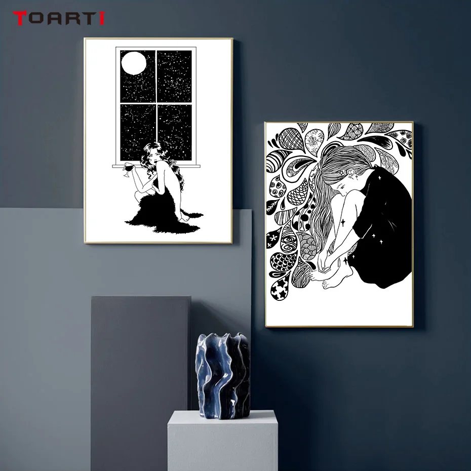 Attractive Abstract Beautiful Girl Wall Art Pictures Canvas Painting Black&White Vintage Poster Nordic Prints Bedroom Decoration (2)