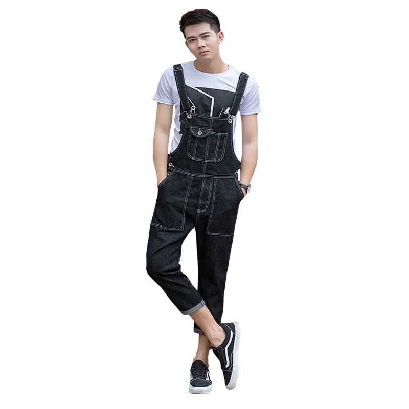 2017 New Men's Fashion Pocket Black Denim Overalls For Male Casual Slim