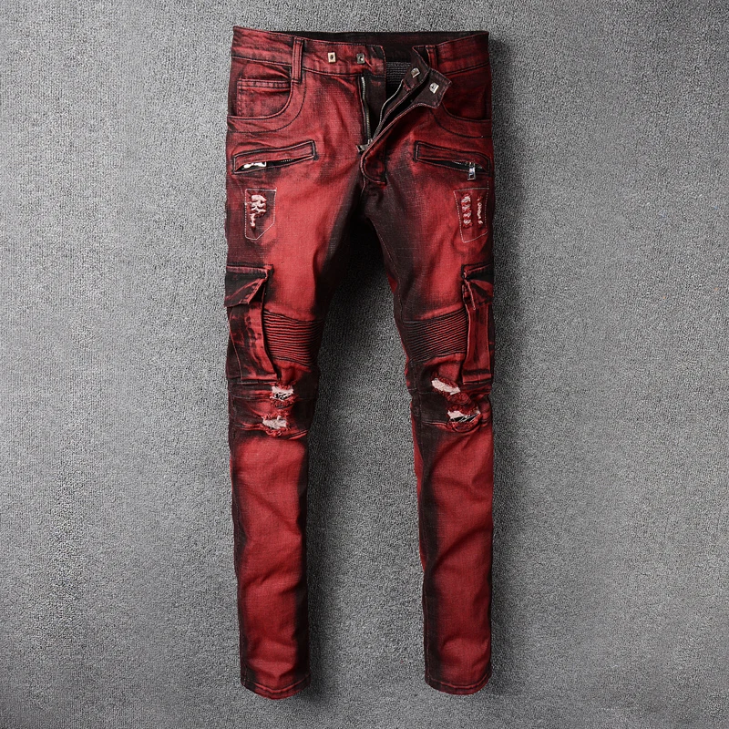 Высокая уличный стиль Для мужчин джинсы цвет красного вина с Рваные джинсы для Для мужчин большой карман штаны-карго хип-хоп Мотобрюки