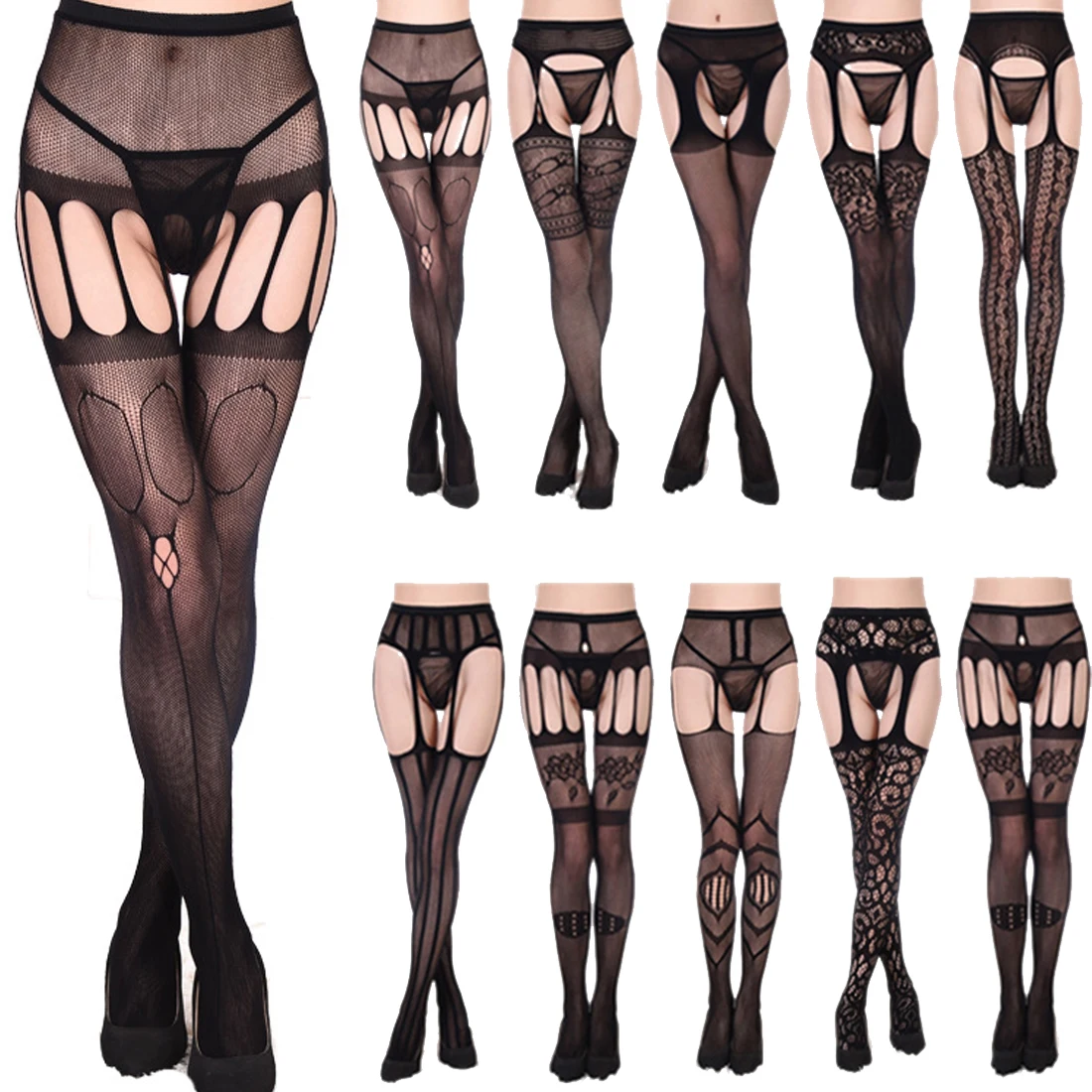 

Lace Garter Funny Harajuku Transparent Black Fishnet Stockings Sheer Tight Embroidery Pantyhose Net Lace Stretchable Tight Slim