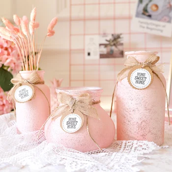 

Creative pink glass vase With bow Crafts Wide round small vases Cylindrical Dried flowers glass terrarium home wedding decorati