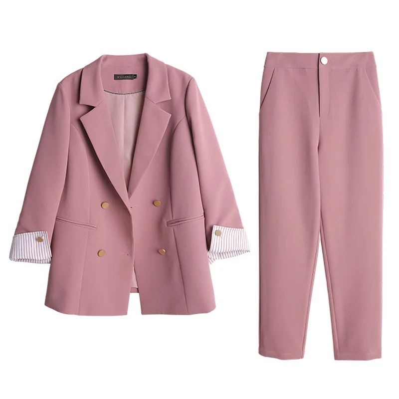 Women's suits 2019 autumn new women's temperament double-breasted pink large size suit jacket casual feet pants set two-piece