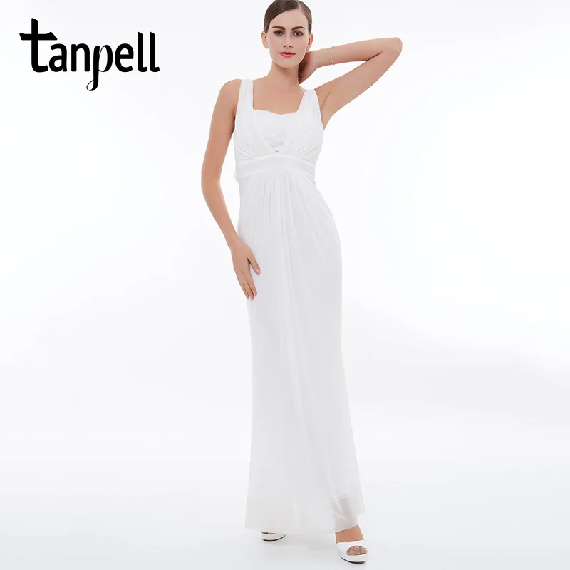 Tanpell straps prom dress white sleeveless lace ankle length dresses cheap ruched chiffon