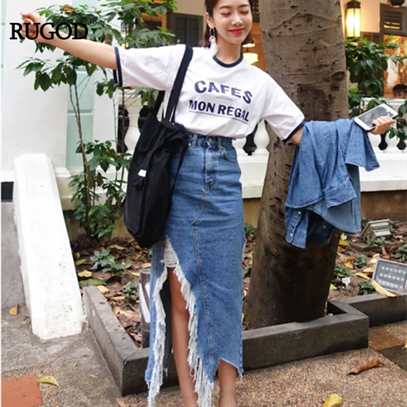 

RUGOD New Harajuku Style Frazzle Women American Eagle High-Waist Crochet Skirt Casual Loose Solid Fashion Female Skirt 2019
