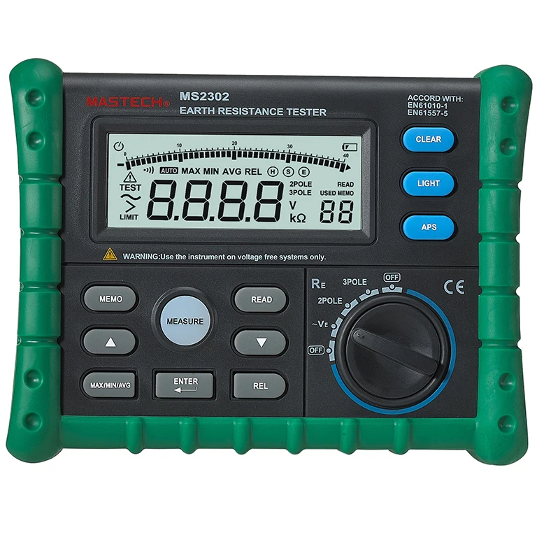 

Measuring Range 0--4kohm 100 Groups Data Logging with Backlight MASTECH MS2302 Digital Earth Ground Resistance Tester Meter