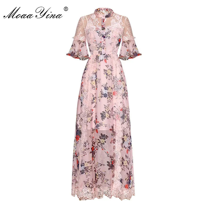 

MoaaYina Fashion Designer Runway dress Spring Summer Women Dress Lace Beading Floral-Print Elegant Long Dresses