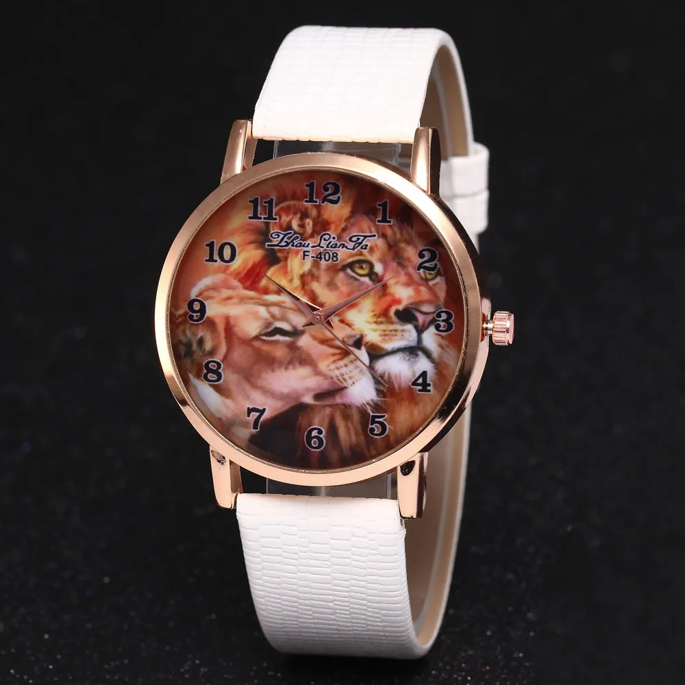 

Best Selling Luxury Fashion Lion Picture Print Dial Clock Watch Analog Quartz Sports WristWatch Leather Women The Best Gift #A