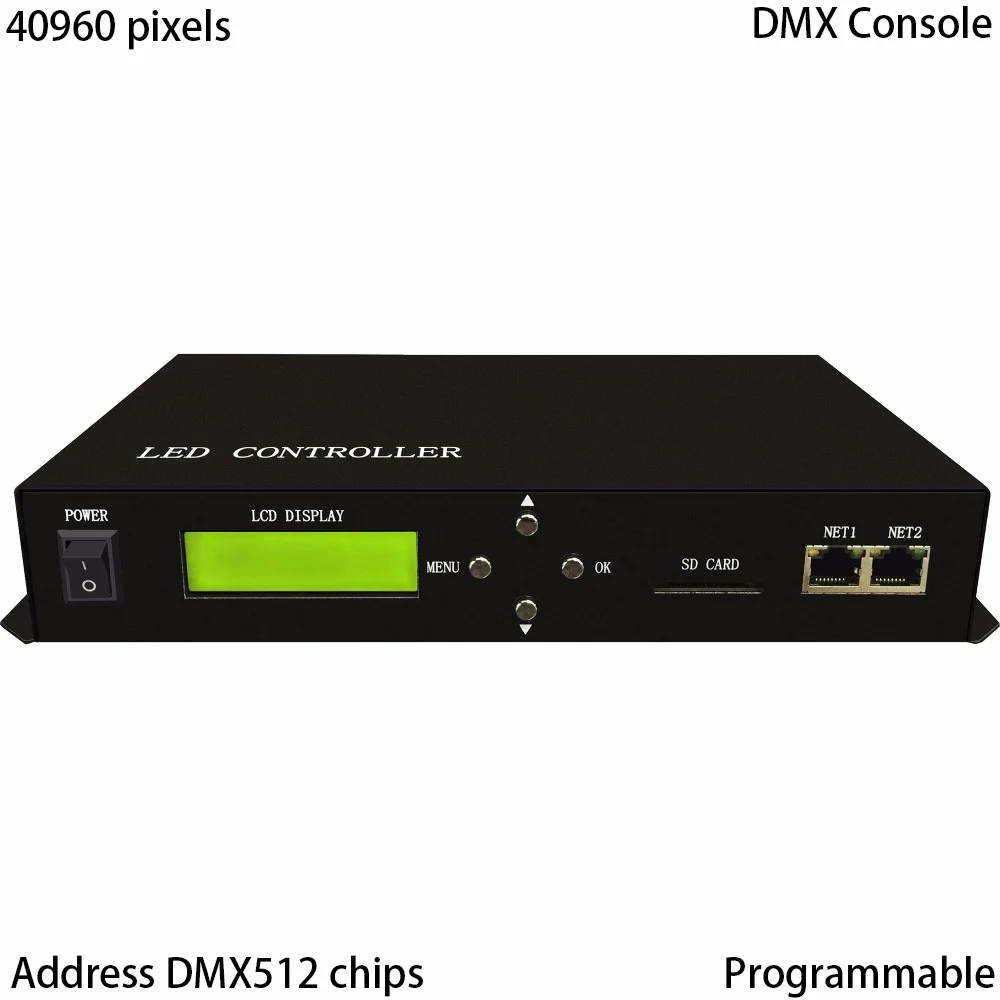 

LED controller,full color,support DMX console,2 ports drive max 40960 pixels,support DMX512,WS2811,WS2812,LPD6803,etc