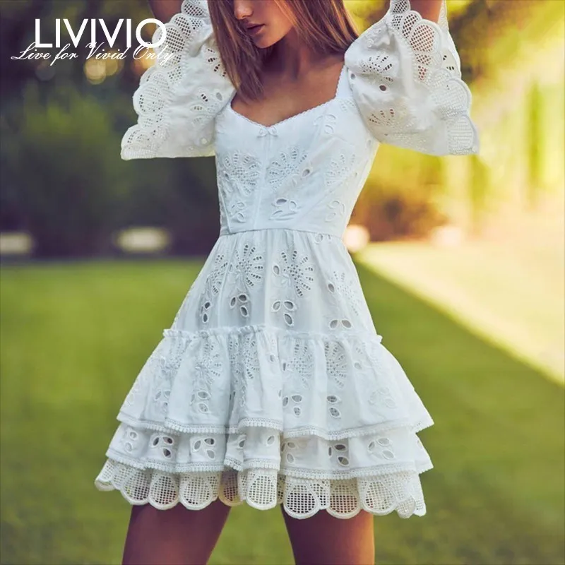 

[LIVIVIO] Casual Solid Hollow Out Women Dress Square Collar Short Sleeve High Waist Ruffles Mini Dresses Female Summer 2019