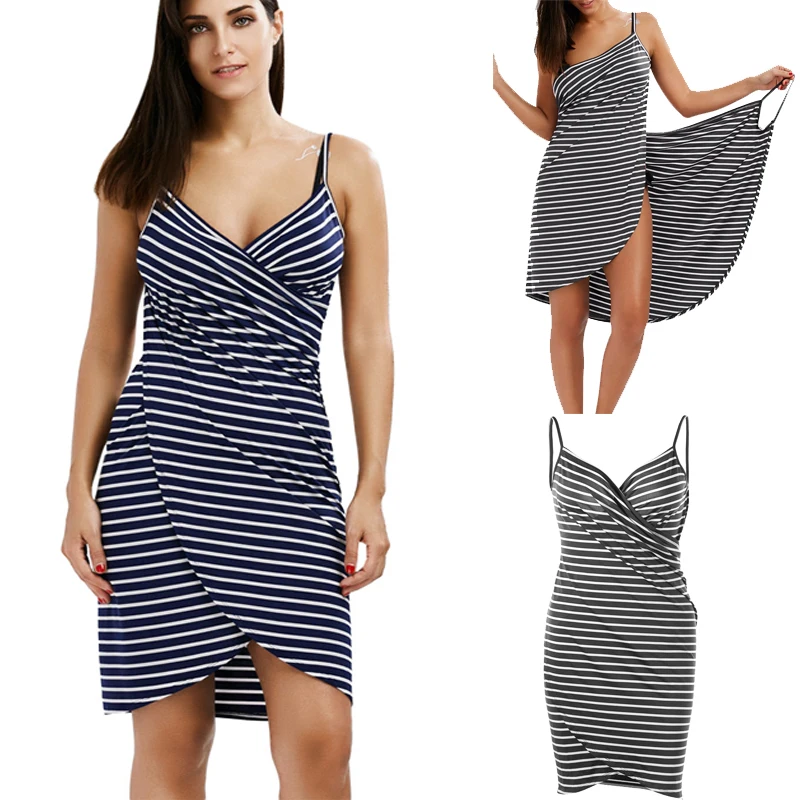 

Summer Sexy Beach Dresses Ladies Wrap Dress Cover Up Holiday Beachwear Women 2019 Irregular Striped Backless Robe Vesitido Femme