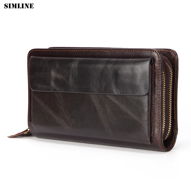 

SIMLINE 100% Genuine Leather Men Clutch Wallet Men's Long Double Zipper Wallets Money Card Holder Clutch Bag Male Large Capacity