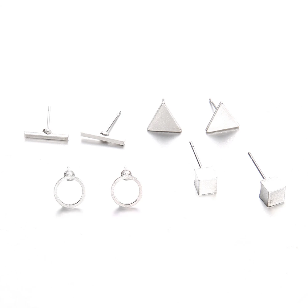 4 Pairs/set Boho Small Exquisite Geometric Round Sliver Stud Earrings For Women Cute Simple Girls Earring Jewelry Gift | Украшения и