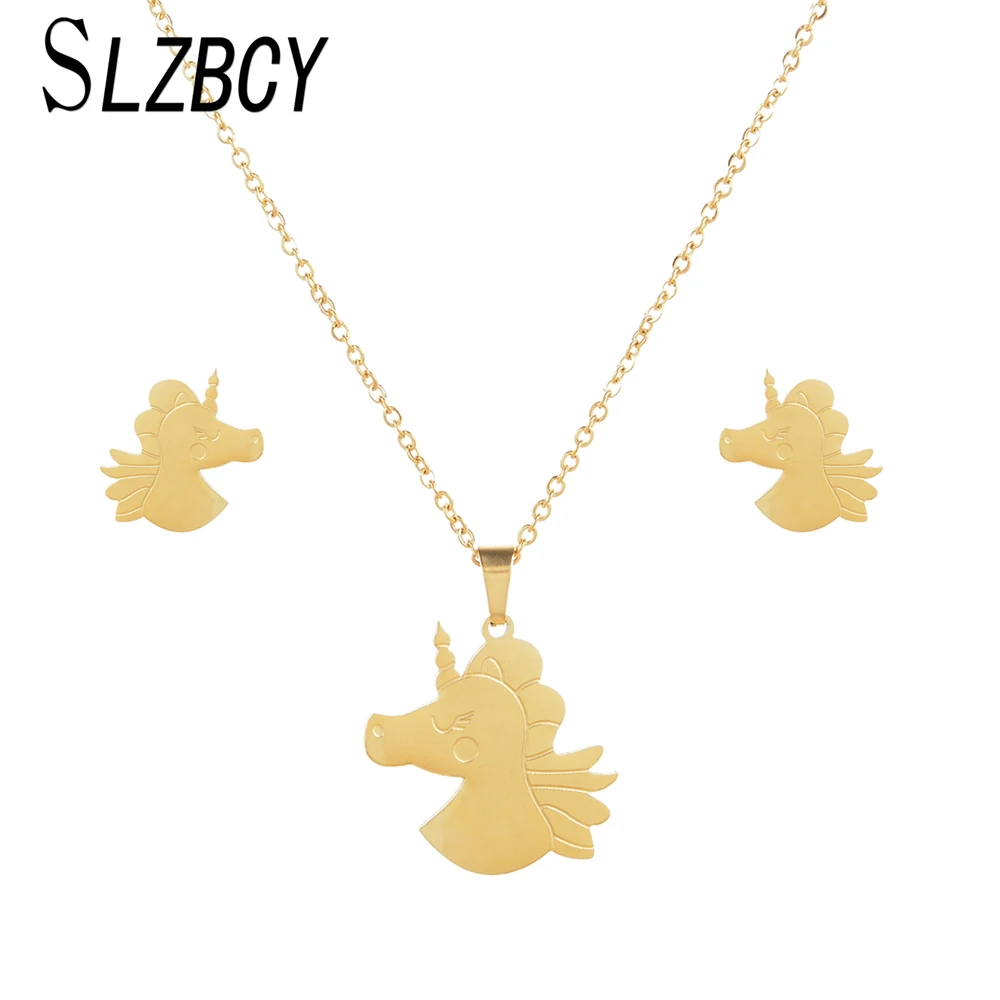 

Stainless Steel Unicorn Charms Jewelry Set For Women Girls Birthday Party Gold Color Animal Pendant Necklace Small Earrings Sets
