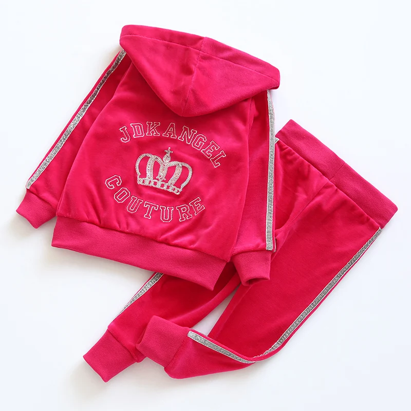 

2018 Fall Girls Velvet Sweater Set 3-13 Yrs Kids Crown Sports Suit Children's Clothing Tracksuit Hooded Coat + Pants 2 Pcs A553