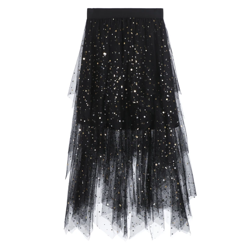 Women's Skirts Summer 2020 New Korean Stars Sequin Elegant High Waist A-line Pleated Elastic Belt School Spring Midi Skirt Femme