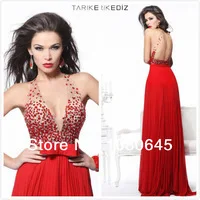 2014 Hot &Sexy Red Crystal V Neck Backless Long Chiffon Celebrity Evening Dresses Floor Length Gown A1984