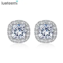 Luoteemi роскошный классический ясно AAA Цирконий квадратный Главный камень S925 стерлингового серебра Серьги-гвоздики для Для женщин свадебные