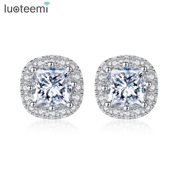 

LUOTEEMI Classic Luxurious Clear AAA Cubic Zirconia Square Main Stone S925 Sterling Silver Stud Earrings for Women Wedding