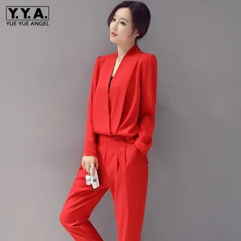 

New Office Lady Elastic Waist Full Length Pants Long Sleeve Pullovers Tops Suits Women Solid 2 Piece Sets Spring Korean New