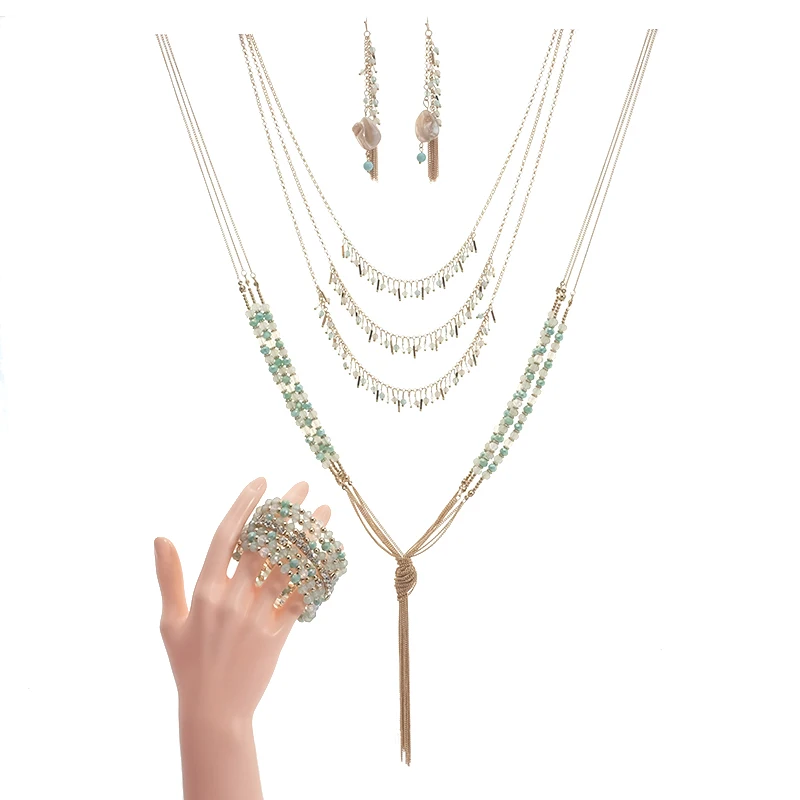 

Wholesale Bohemian Jewelry Set Shell Layered Green Beaded Necklace Choker Bracelet Earring for Women Party Luxury Bridal Jewelry
