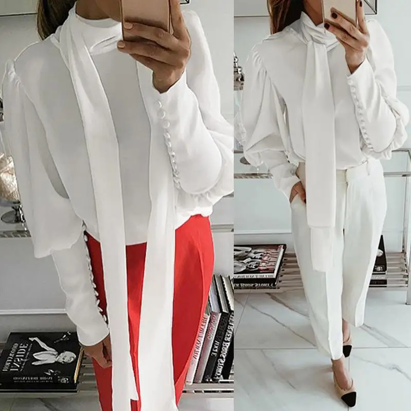 

2019 Celmia Women Solid Long Sleeve Blouses Office Chiffon Shirts Casual Loose Solid Work Top Long Tie Blusas Camisa Mujer S-5XL