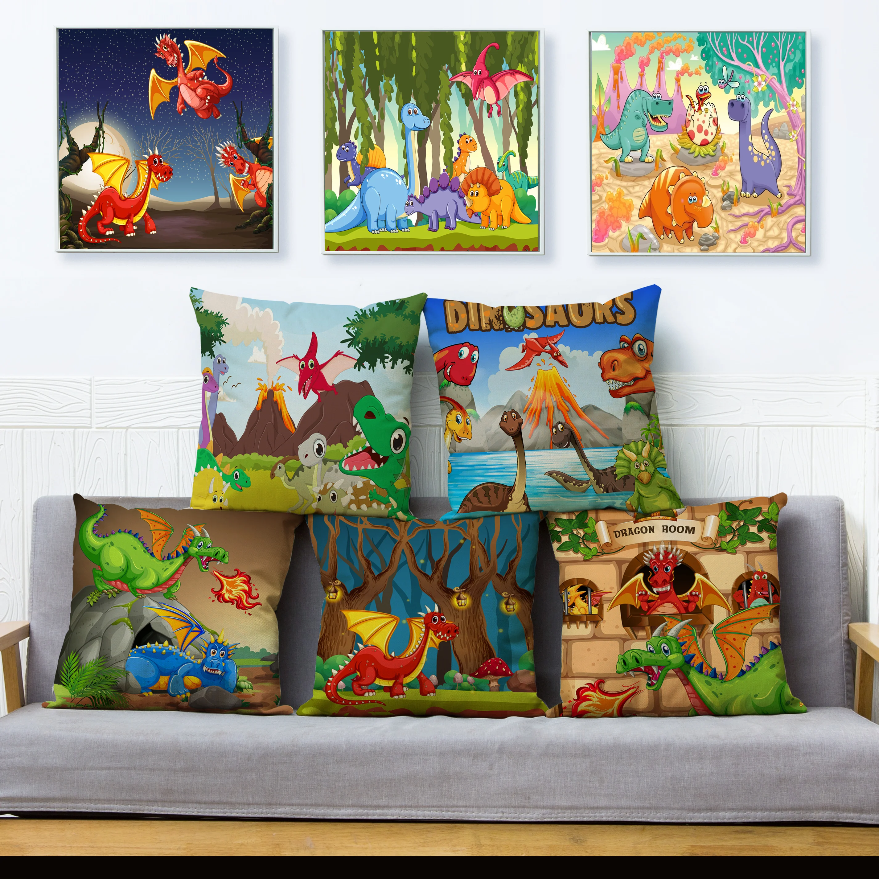 

Cute Cartoon Animals Dinosaur Print Cushion Cover 45*45 Linen Pillow Covers Throw Pillows Cases Sofa Home Decor Pillowcase