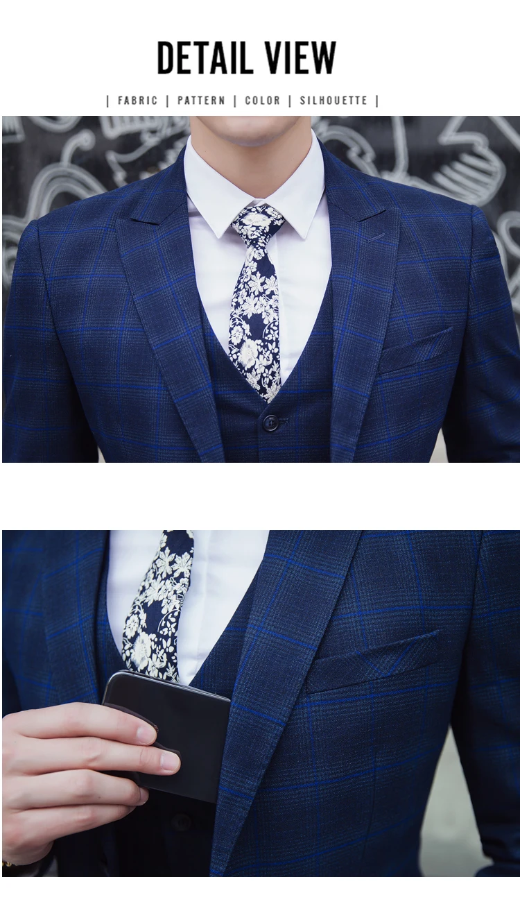Брендовое британское пальто брюки дизайн мужской костюм ярко синего цвета Осень Зима Толстая облегающая в клетку свадебное платье смокинги