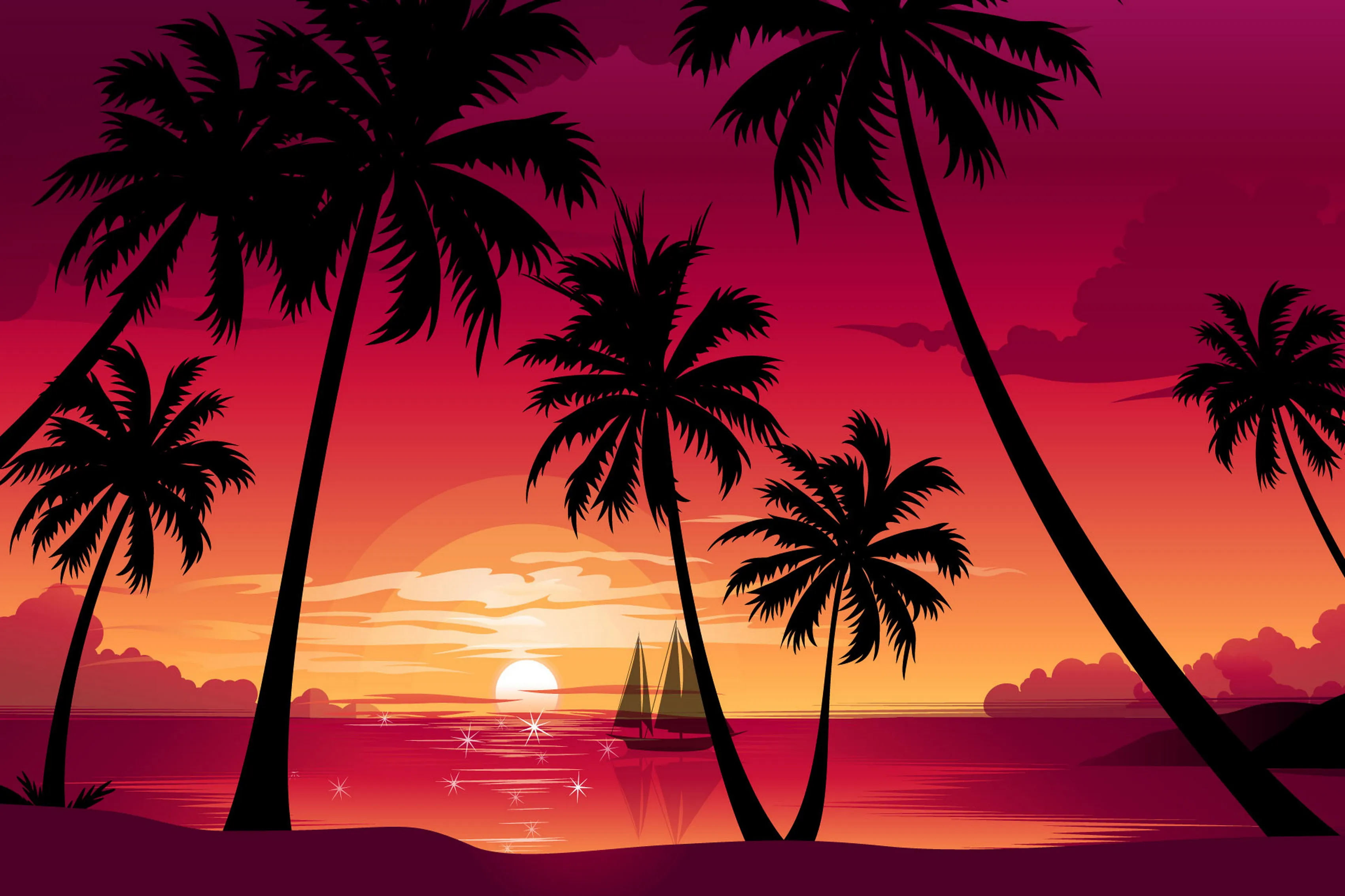 Nature plage de palmiers mer bateau soleil coucher du 