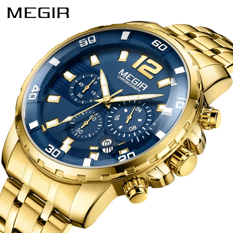 

MEGIR Top Luxury Gold Watch Men Big Watches Gold Stainless Steel Military Wristwatch Big Dial Clock Male Army relogio masculino