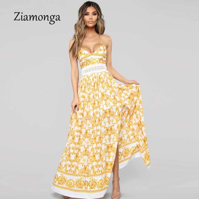 

Ziamonga Women Dresses Summer Sexy Maxi Boho Style Print Party Dress Deep V Neck High Split Lace Long Dress Bohemian Vestidos