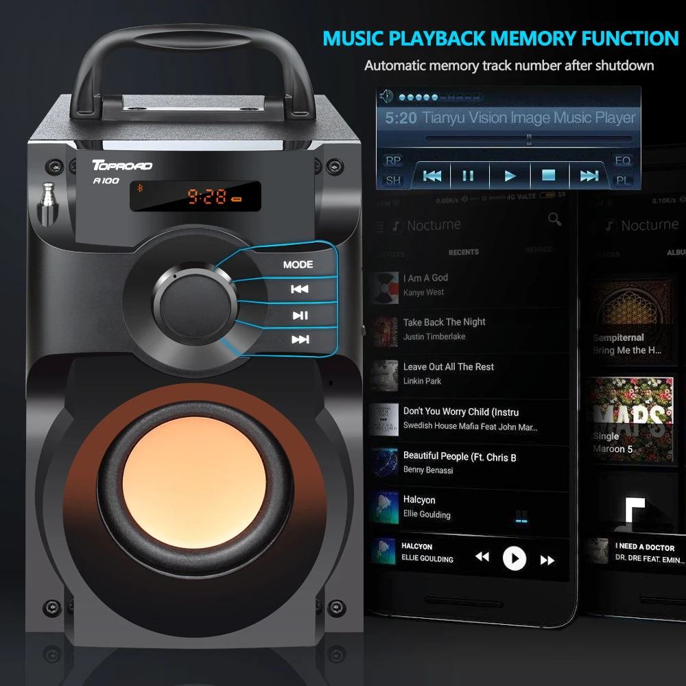 TOPROAD большой мощности Bluetooth динамик беспроводной стерео сабвуфер тяжелый бас колонки музыкальный плеер Поддержка ЖК-дисплей FM радио TF