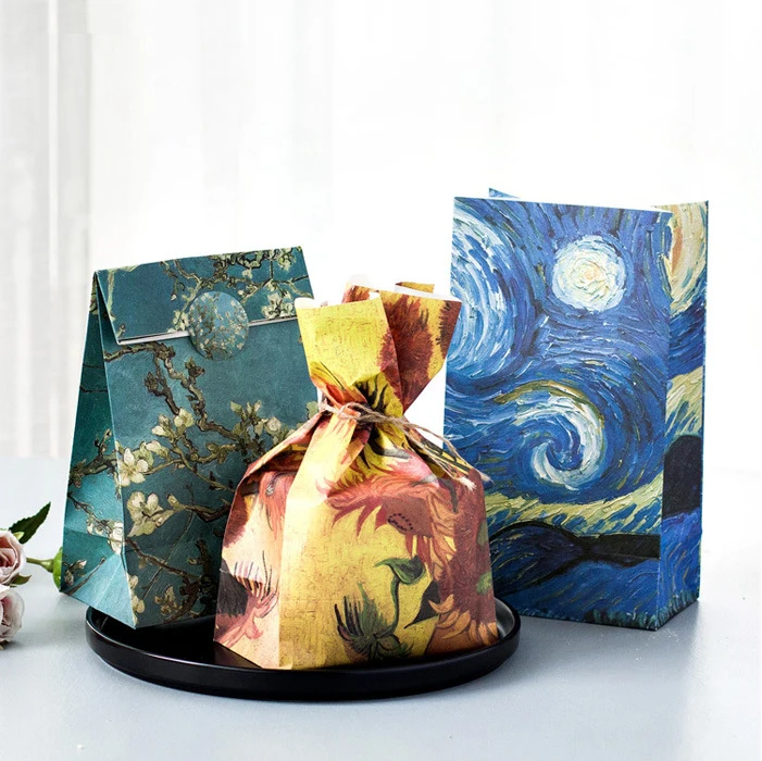 9 sets paper bag Meet Vincent van gogh oil painting design gift packaging birthday party candy