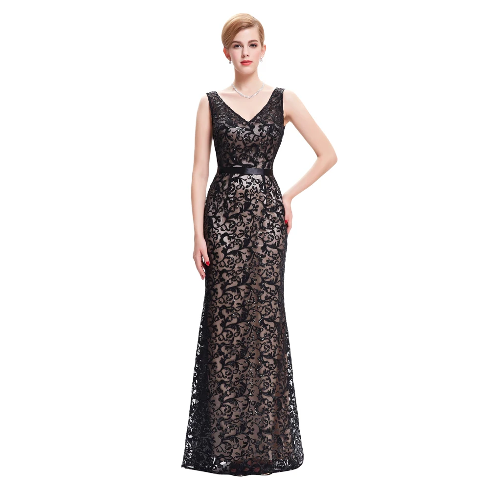 Buy Cheap Kate Kasin Womens Summer Dress Double V Neck Black Mermaid Dress Wedding 2017 Luxury Sequin Women Formal Dress Robes Satin Gown