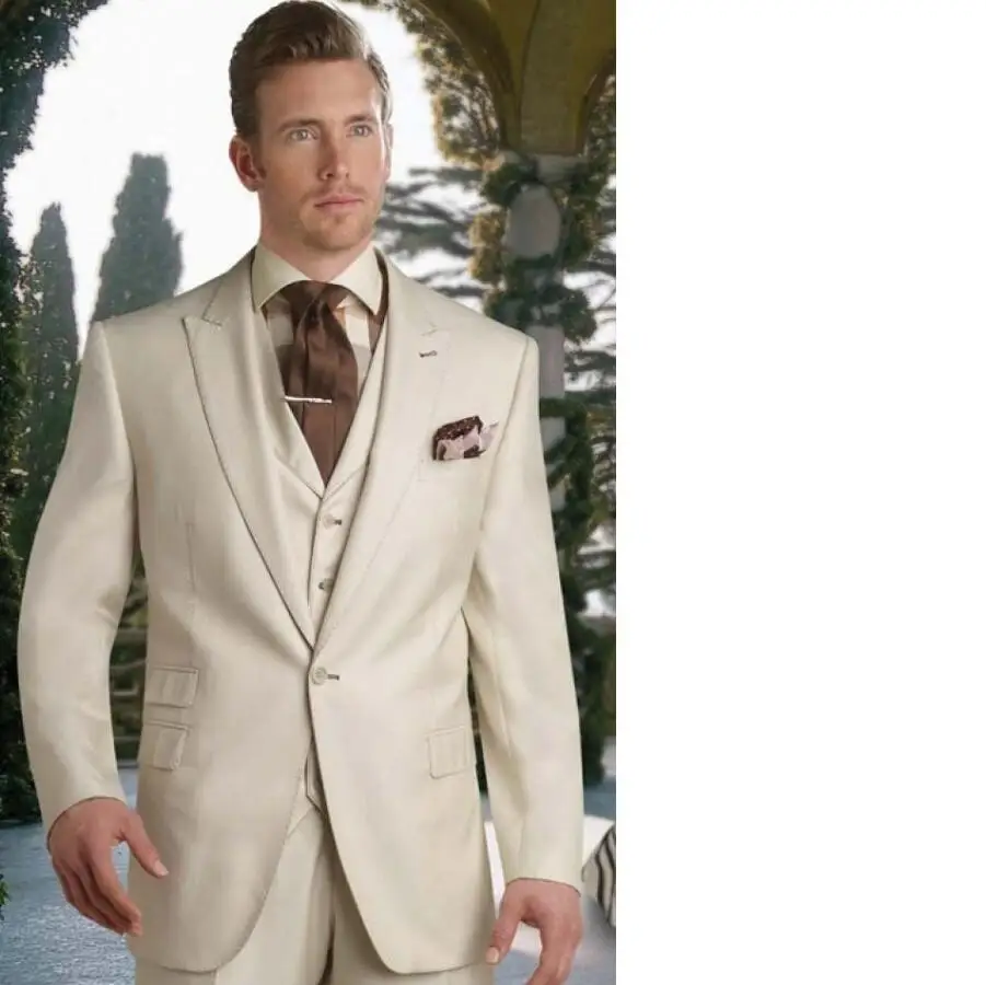 

Ticket Pocket Groom Tuxedos Beige Groomsmen peak Lapel Best Man Suit Bridegroom Prom Dinner Suits (Jacket+Pants+Vest)