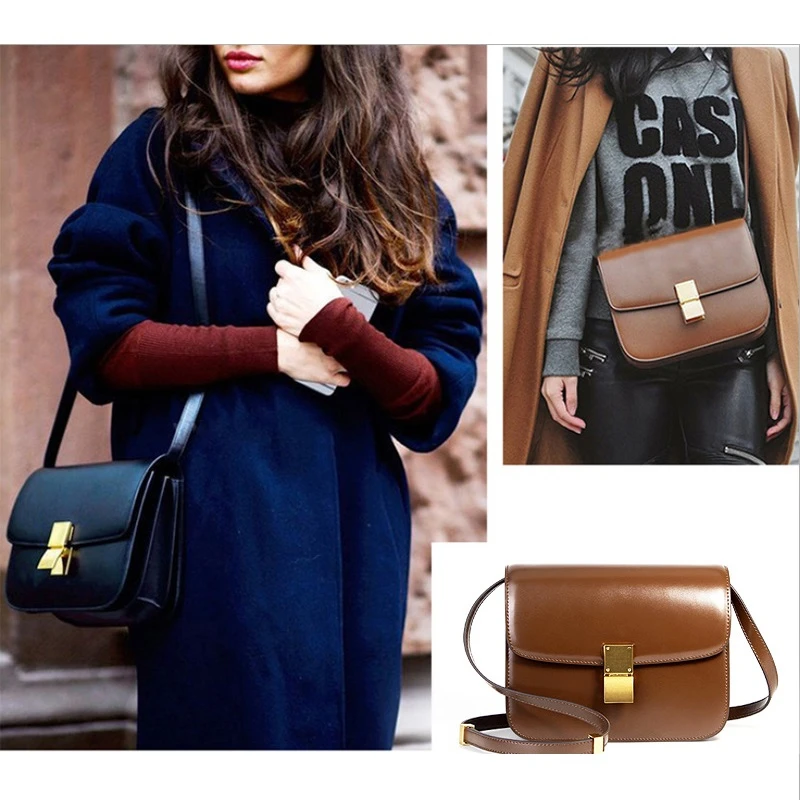Beste Burminsa Spiegel Doos Echt Leer Vrouwen Tassen 2 Maten Kleine Dames Schoudertassen Lock Ontwerp Flap Crossbody Tassen Zomer 2019