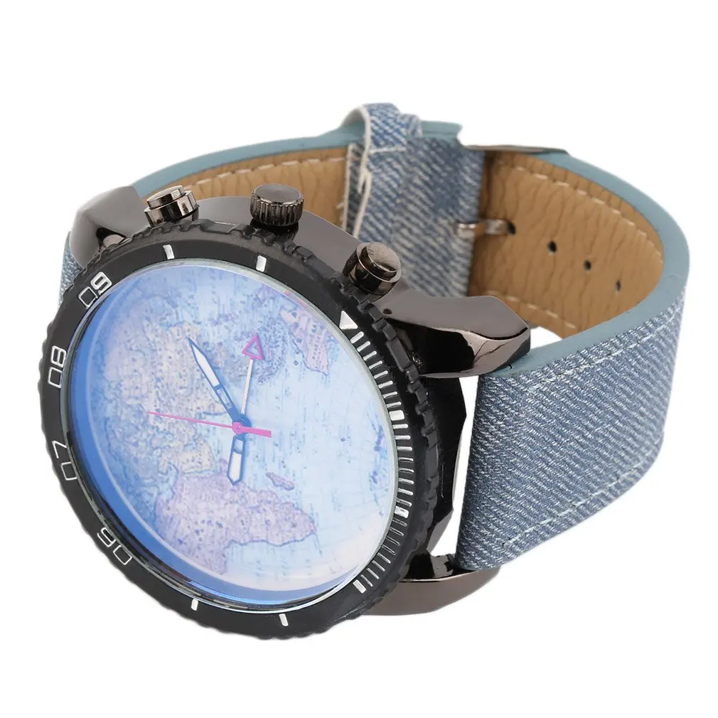 

Map Wristwatch Women Men Watch Strap Round 1075 Denim Leather Water Resistant New Hot Selling