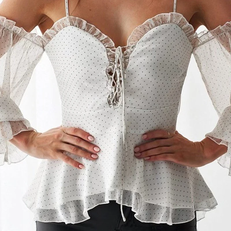 

New Sexy Lace Up Ruffles Shirts Women Long Sleeve Backless Mesh Patchwork Strap Shirt Polka Dots Chiffon Blouses Blusas Feminino