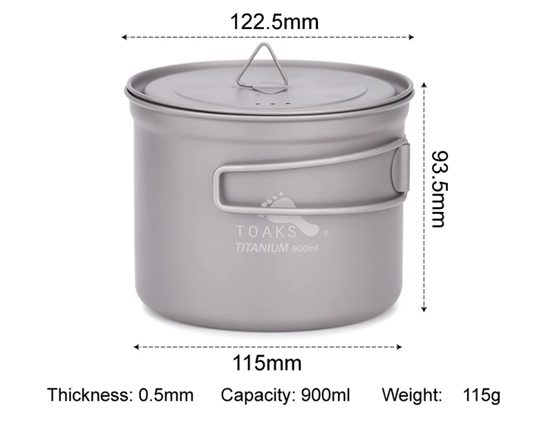 TOAKS 900 мл титановый горшок с крышкой и ручкой, титановые походные горшки для приготовления пищи, пикника