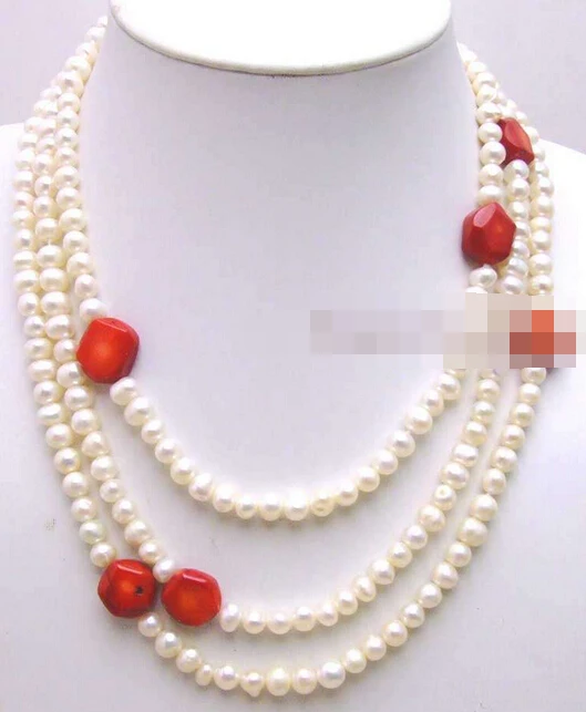 

huij 004798 Natural white 6-7mm pearl &Natural Baroque Red Coral Necklace