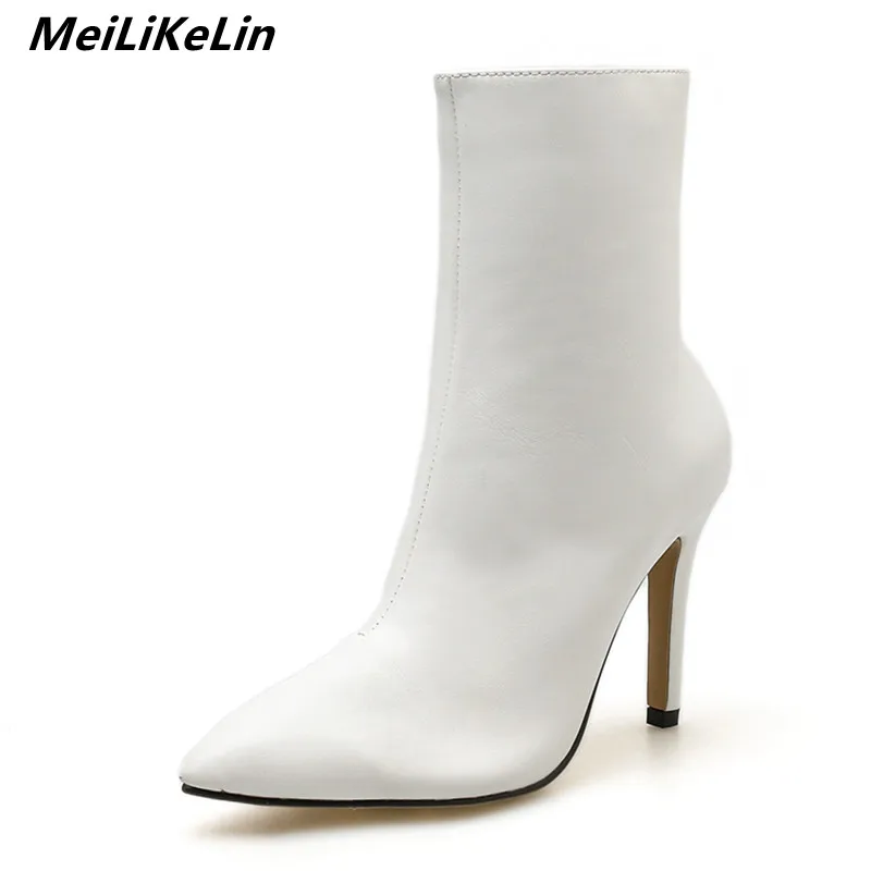 MeiLiKeLin women Solid white Plain boots high heel pointed office lady ...