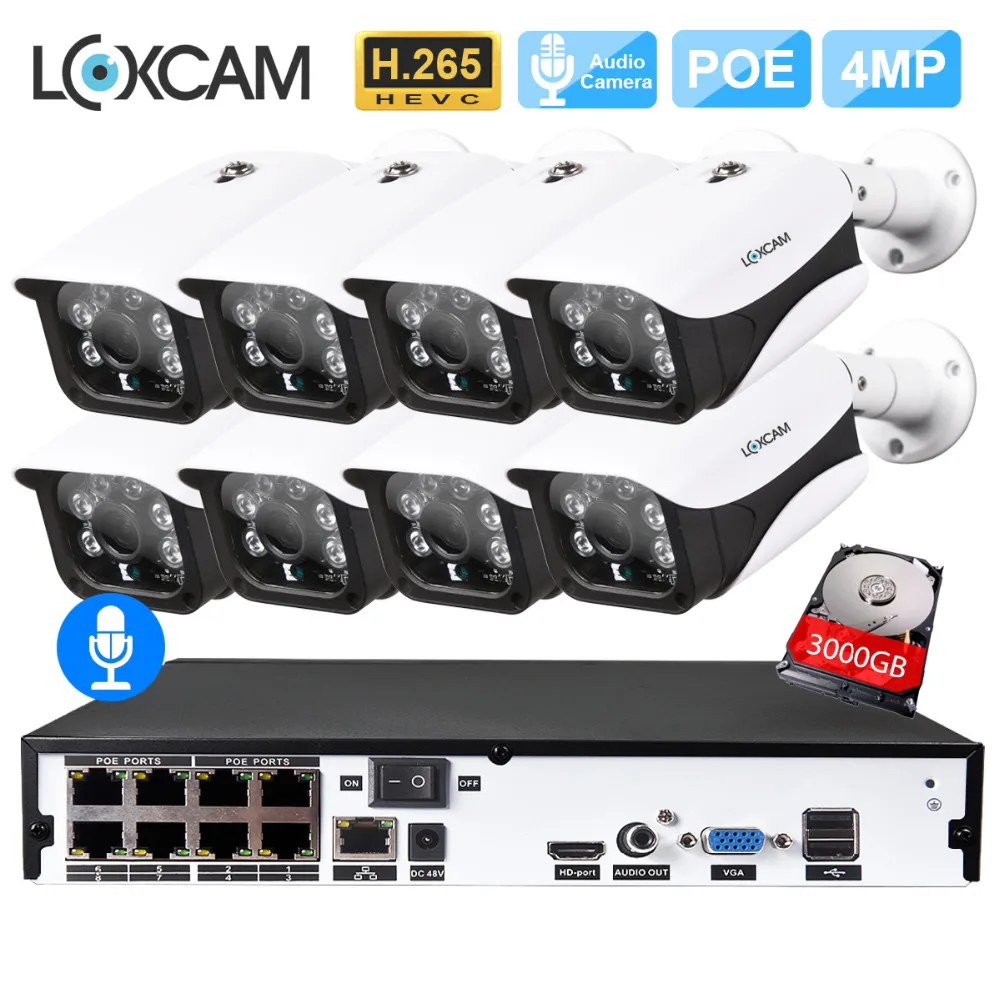 H.265 8CH 4MP POE NVR CCTV система 8 шт. IP66 безопасность наружная аудио запись звук IP камера