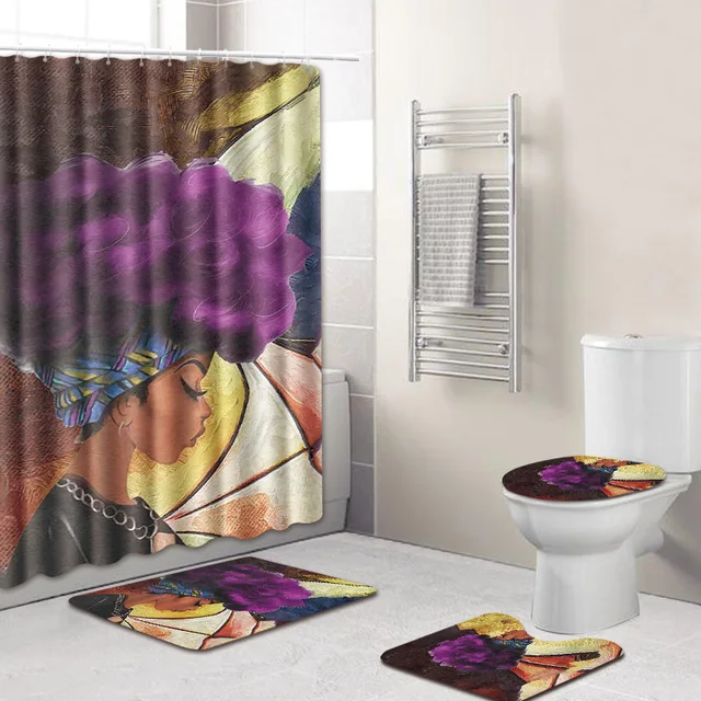 4pcs Lot African Curly Woman Print Shower Curtain 3d Polyester