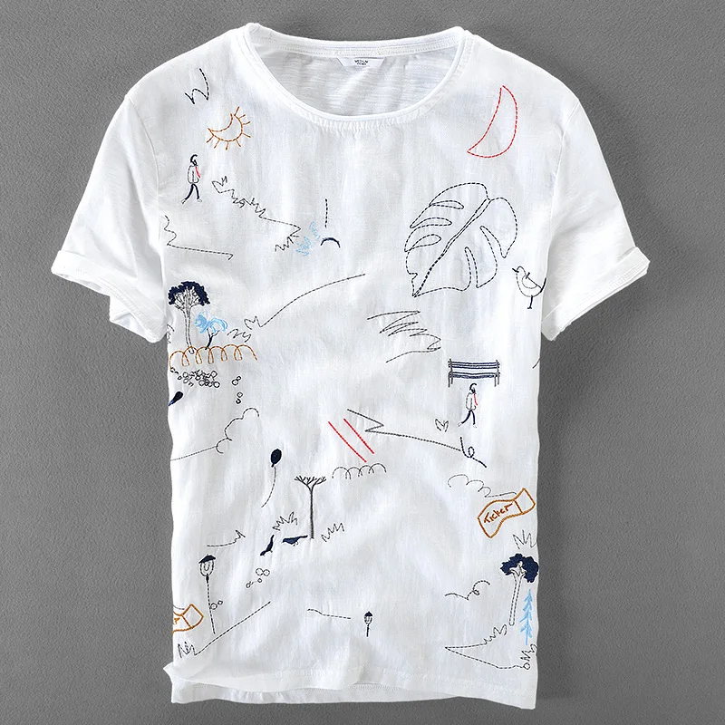 Italy brand linen short sleeve t-shirt men casual loose t shirt mens cartoon embroidery stitching round neck tshirt male camisa Italy brand linen short sleeve t-shirt men casual loose t shirt mens cartoon embroidery stitching round neck tshirt male camisa