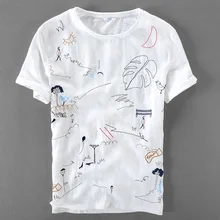 T-shirt en lin à manches courtes pour homme, haut de marque italienne, ample, col rond, avec broderie, dessin animé, décontracté