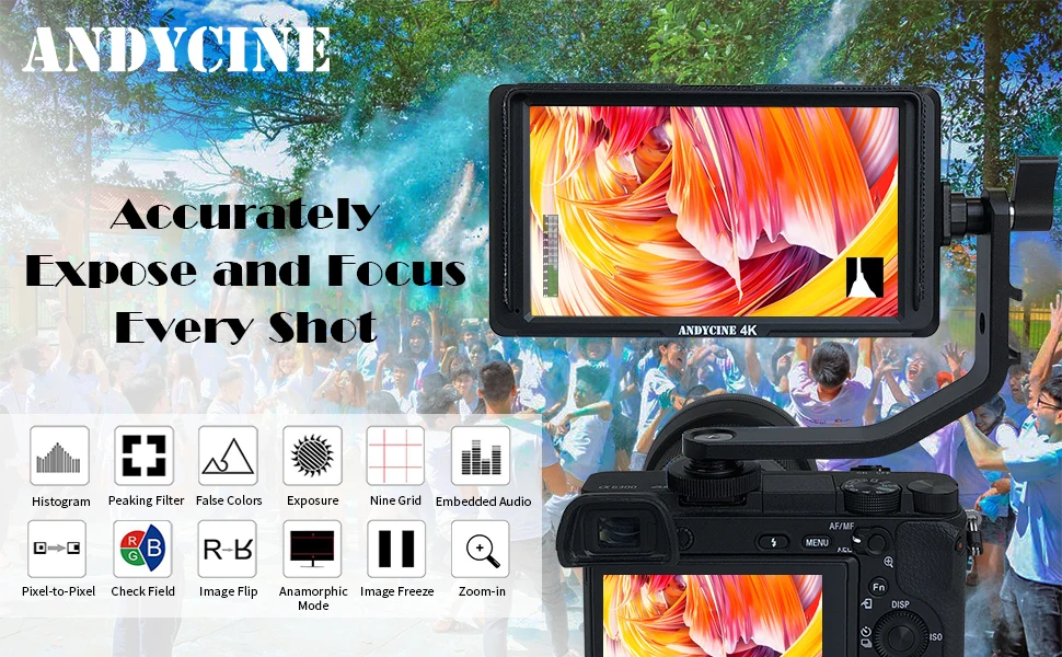 ANDYCINE A6 Lite 5inch DSLR HDMI Camera Field Monitor 1920x1080 Video Peaking Focus assits Input Output DC output with Tilt Arm